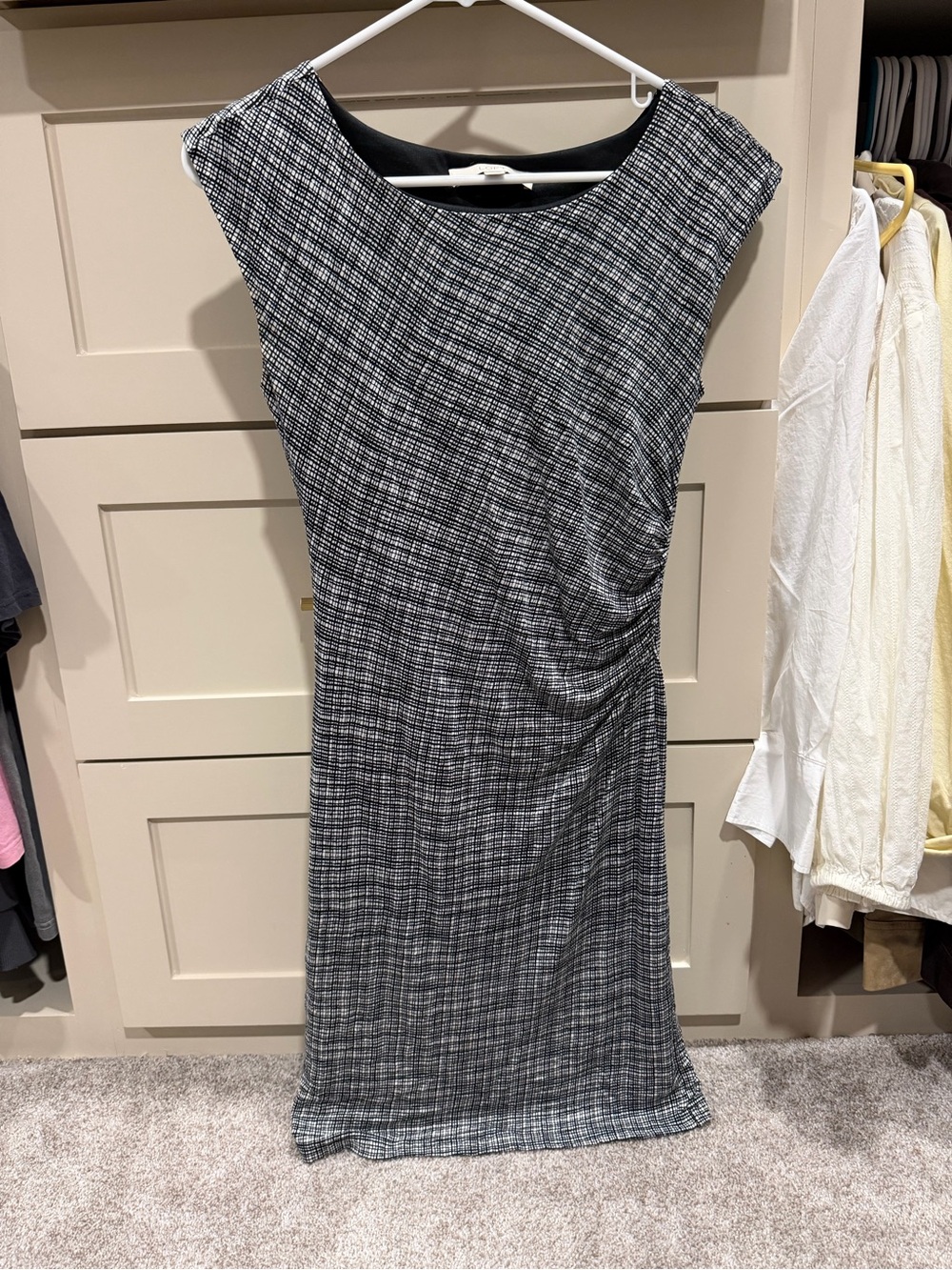 LOFT Black and White Tweed-Effect Midi work Dress